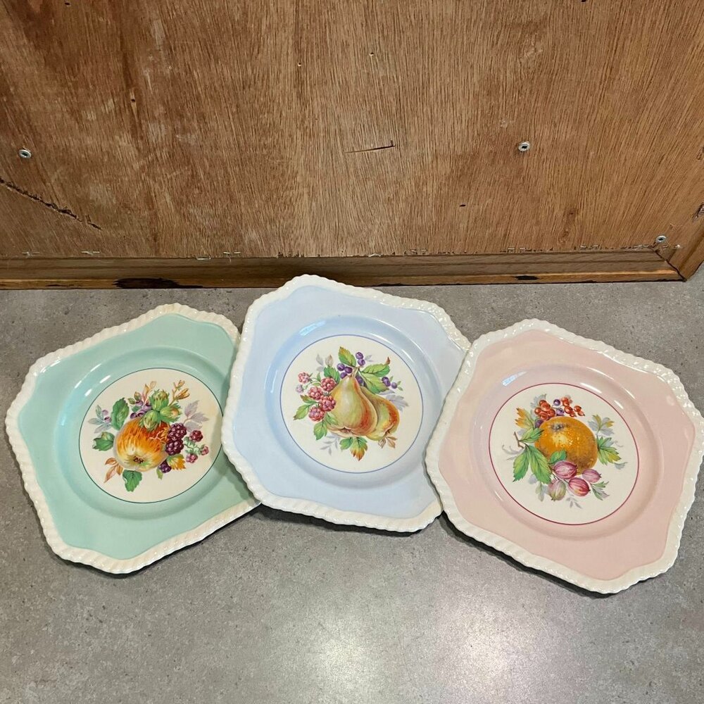 3 Vintage Johnson Bros Old English Plates With Fruit Pattern, Square Salad Plate